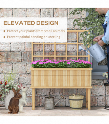 Outsunny Wood Raised Planter w/ Trellis Drain Holes Elevated Garden Bed Natural