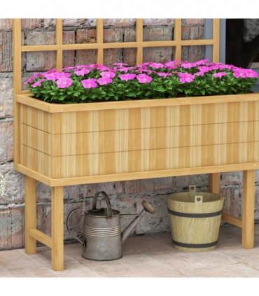 Outsunny Wood Raised Planter w/ Trellis Drain Holes Elevated Garden Bed Natural