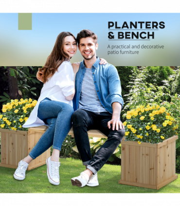 Wooden Garden Planter & Bench Combination Garden Raised Bed Patio Park Natural Wood Colour 176 x 38 x 40 cm