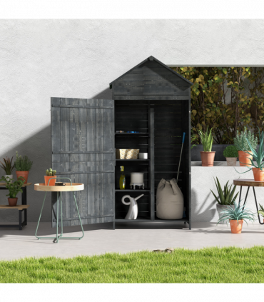 Outsunny Wooden Garden Shed Outdoor Shelves Utility Tool Storage Cabinet Grey