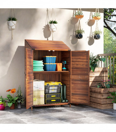 Outsunny Wooden Garden Storage Shed w/Double Doors and Shelves, Mixed-Brown