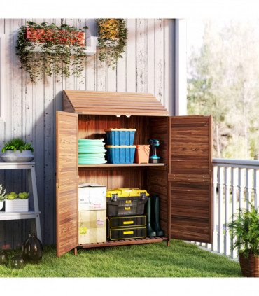 Outsunny Wooden Garden Storage Shed w/Double Doors and Shelves, Mixed-Brown