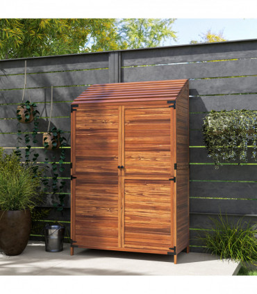 Outsunny Wooden Garden Storage Shed w/Double Doors and Shelves, Mixed-Brown
