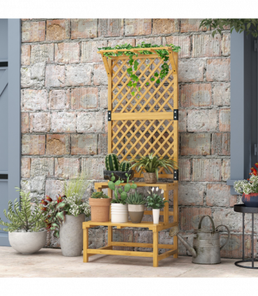 Outsunny Wooden Plant Stand with Trellis for Climbing Plants, Yellow