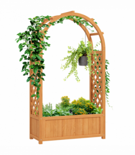Outsunny Wooden Raised Garden Bed, Trellis Planter w/ Trellis, Fabric Liner