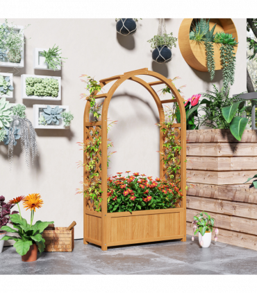 Outsunny Wooden Raised Garden Bed, Trellis Planter w/ Trellis, Fabric Liner