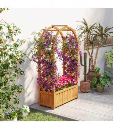 Outsunny Wooden Raised Garden Bed, Trellis Planter w/ Trellis, Fabric Liner