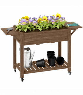 Outsunny Wooden Raised Planter with Lockable Wheels, Liner, Carbonised