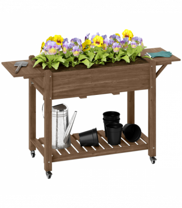 Outsunny Wooden Raised Planter with Lockable Wheels, Liner, Carbonised