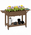 Outsunny Wooden Raised Planter with Lockable Wheels, Liner, Carbonised