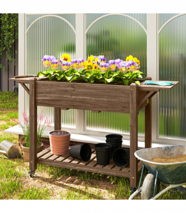 Outsunny Wooden Raised Planter with Lockable Wheels, Liner, Carbonised