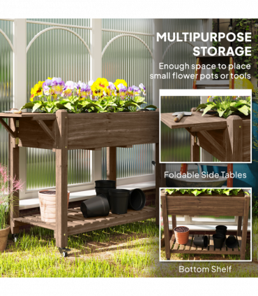 Outsunny Wooden Raised Planter with Lockable Wheels, Liner, Carbonised