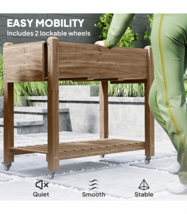 Outsunny Wooden Raised Planter with Lockable Wheels, Liner, Carbonised