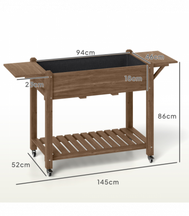 Outsunny Wooden Raised Planter with Lockable Wheels, Liner, Carbonised