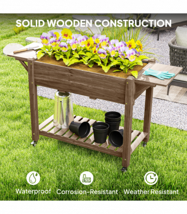 Outsunny Wooden Raised Planter with Lockable Wheels, Liner, Carbonised