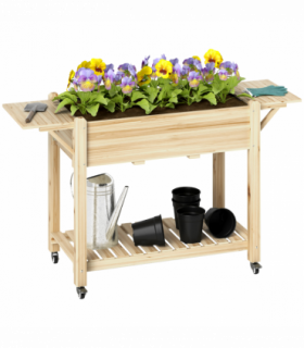 Outsunny Wooden Raised Planter with Lockable Wheels, Liner, Natural