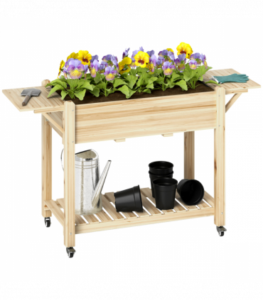 Outsunny Wooden Raised Planter with Lockable Wheels, Liner, Natural