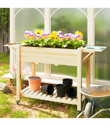 Outsunny Wooden Raised Planter with Lockable Wheels, Liner, Natural