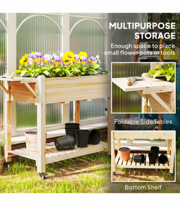 Outsunny Wooden Raised Planter with Lockable Wheels, Liner, Natural