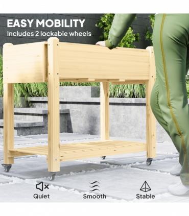 Outsunny Wooden Raised Planter with Lockable Wheels, Liner, Natural