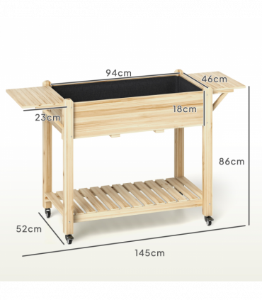 Outsunny Wooden Raised Planter with Lockable Wheels, Liner, Natural