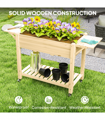 Outsunny Wooden Raised Planter with Lockable Wheels, Liner, Natural