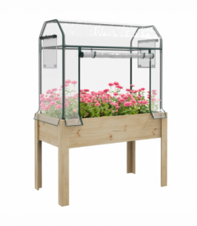 Outsunny Wooden Raised Planter, Garden Bed with Greenhouse Cover and Bed Liner