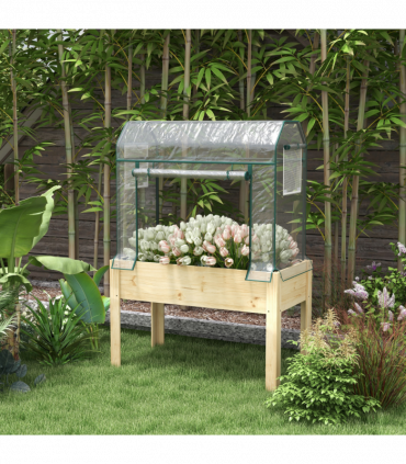 Outsunny Wooden Raised Planter, Garden Bed with Greenhouse Cover and Bed Liner