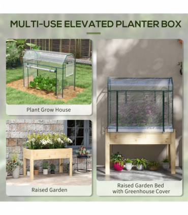Outsunny Wooden Raised Planter, Garden Bed with Greenhouse Cover and Bed Liner