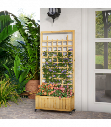 Outsunny Wooden Trellis Planter, Raised Garden Bed with Wheels and Bed Liner