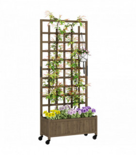 Outsunny Wooden Trellis Planter, Raised Garden Bed with Wheels and Bed Liner