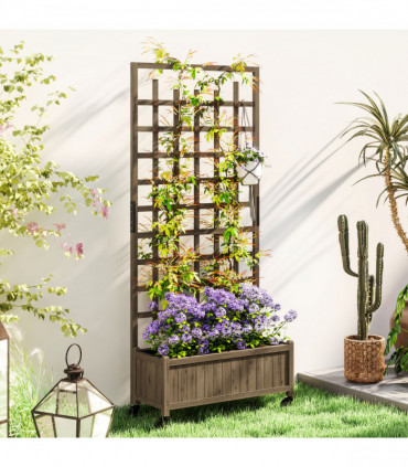 Outsunny Wooden Trellis Planter, Raised Garden Bed with Wheels and Bed Liner