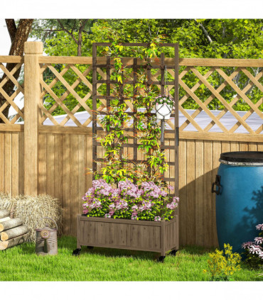 Outsunny Wooden Trellis Planter, Raised Garden Bed with Wheels and Bed Liner