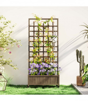 Outsunny Wooden Trellis Planter, Raised Garden Bed with Wheels and Bed Liner
