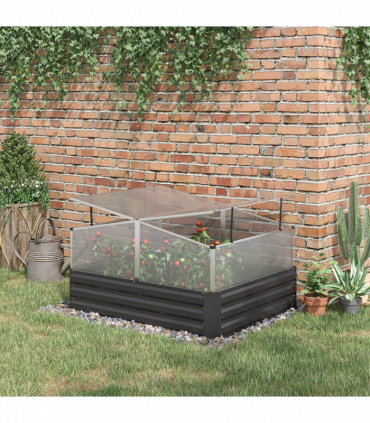 Outsuuny Galvanised Raised Garden Bed with Greenhouse and Cover, Dark Grey