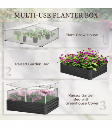 Outsuuny Galvanised Raised Garden Bed with Greenhouse and Cover, Dark Grey
