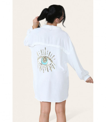 Oversized Long Sleeve Gold Sequin Eye Button Up Shirt