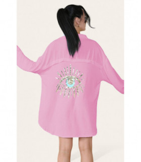 Oversized Long Sleeve Gold Sequin Eye Button Up Shirt