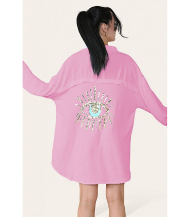 Oversized Long Sleeve Gold Sequin Eye Button Up Shirt