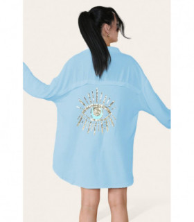 Oversized Long Sleeve Gold Sequin Eye Button Up Shirt