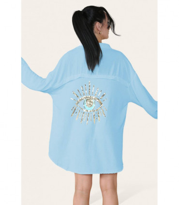 Oversized Long Sleeve Gold Sequin Eye Button Up Shirt