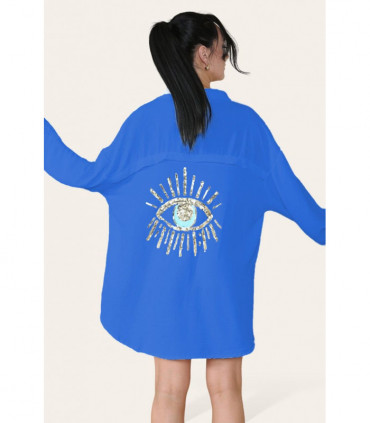 Oversized Long Sleeve Gold Sequin Eye Button Up Shirt