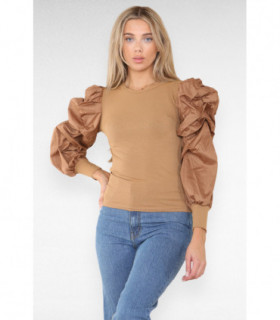 Oversized Puff Sleeves Ribbed Top