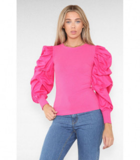 Oversized Puff Sleeves Ribbed Top