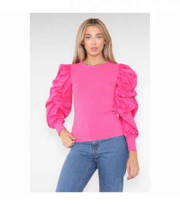 Oversized Puff Sleeves Ribbed Top