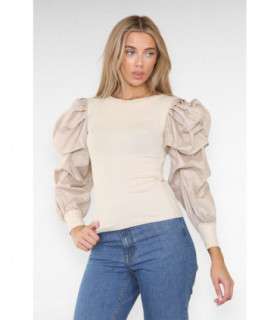 Oversized Puff Sleeves Ribbed Top
