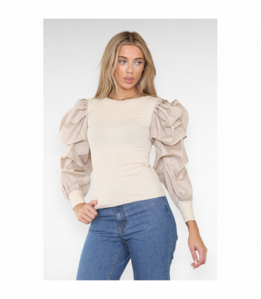 Oversized Puff Sleeves Ribbed Top