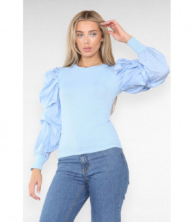 Oversized Puff Sleeves Ribbed Top