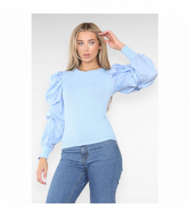 Oversized Puff Sleeves Ribbed Top