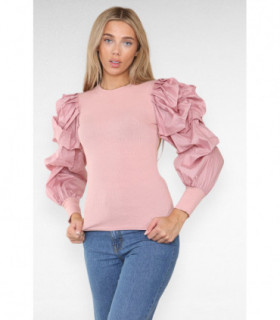Oversized Puff Sleeves Ribbed Top